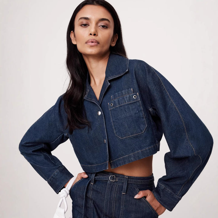 Dame Denim-Crop-Jakke og Miniskjørt Sett Skjora