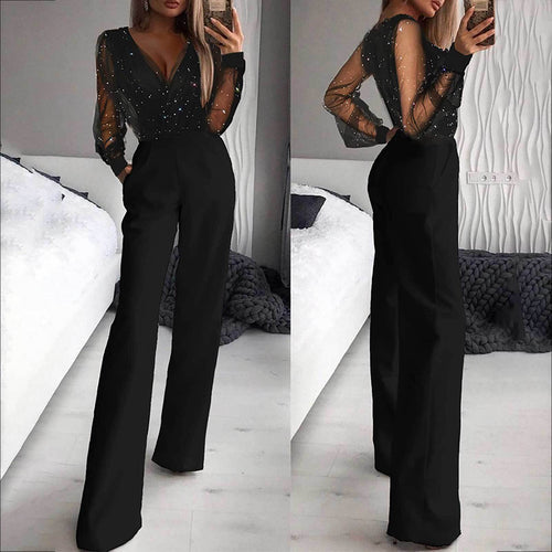 Dame Elegant jumpsuit med transparente ermer og glitrende detaljer Skjora
