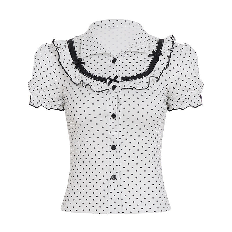 Dame Vintage Prikkete Bluse med Puffermerker Skjora