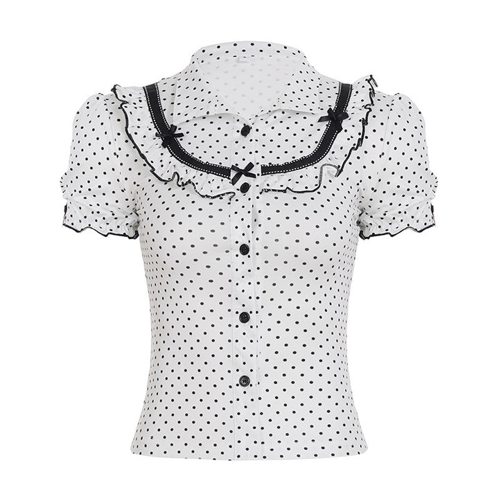 Dame Vintage Prikkete Bluse med Puffermerker Skjora