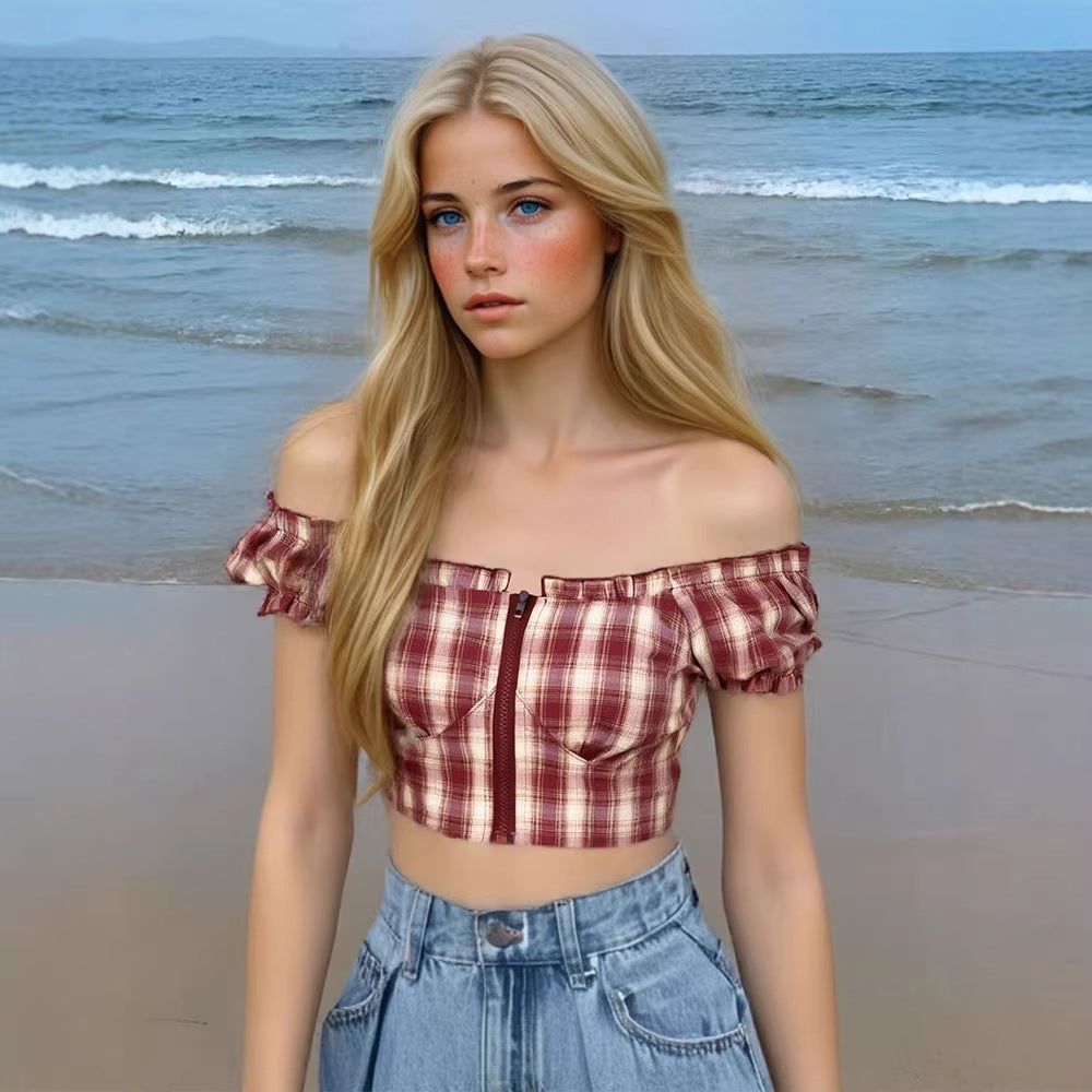 Damene Cropped Bluse med puffermer og glidelås Skjora