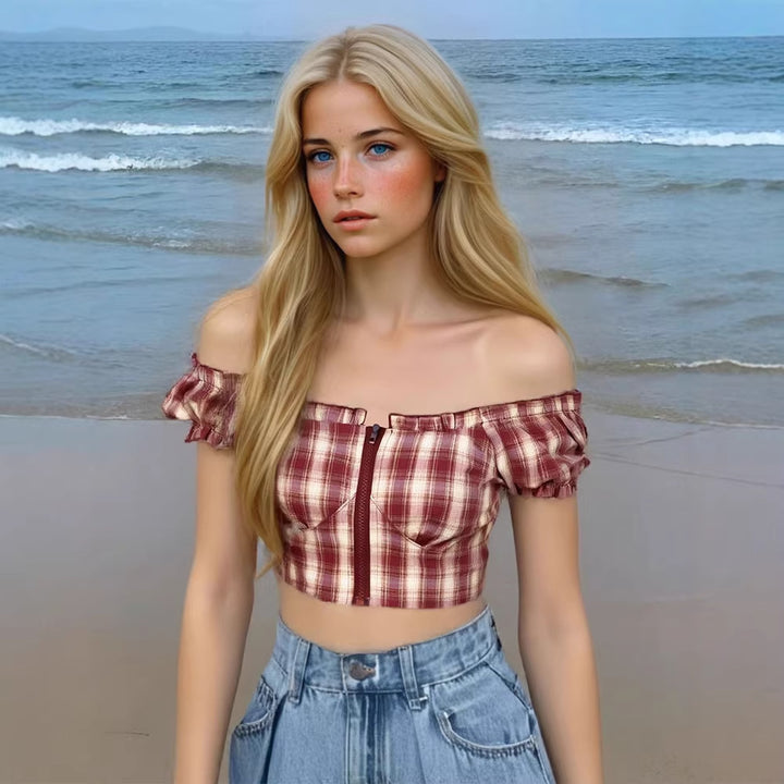 Damene Cropped Bluse med puffermer og glidelås Skjora