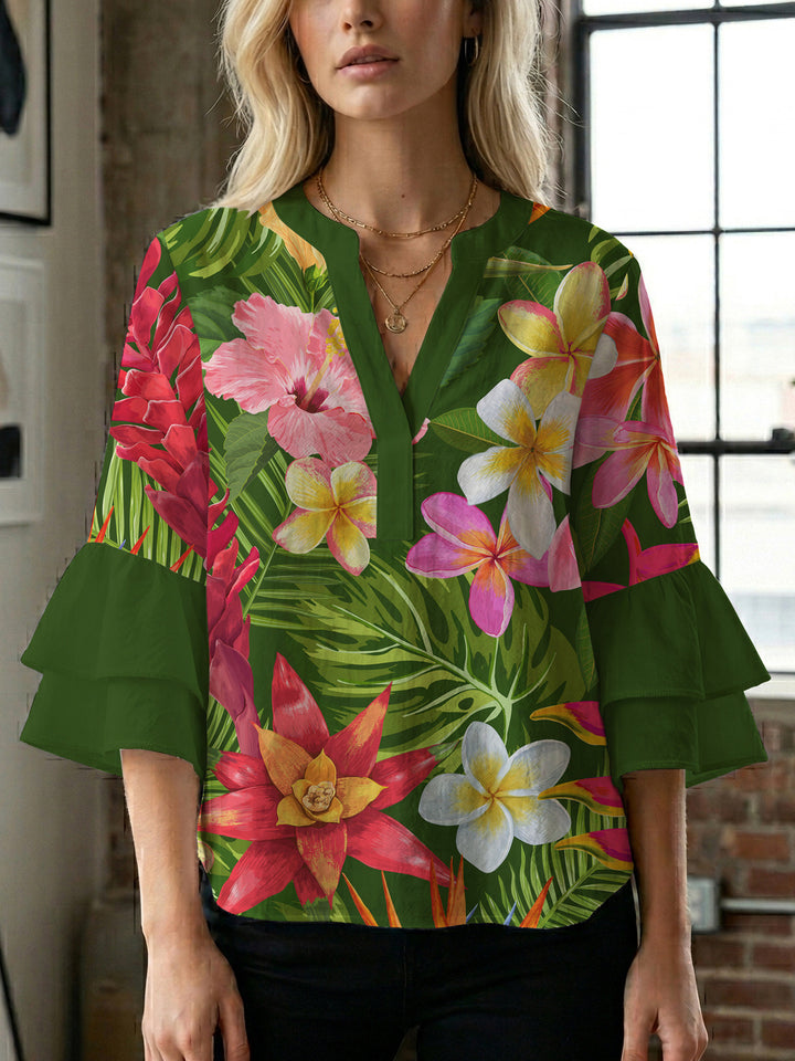 Dame bluse skjorte med voluminøse ermer og blomster mønster Skjora