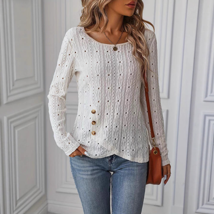 Women's long-sleeved shirt with decorative buttons and textured weave