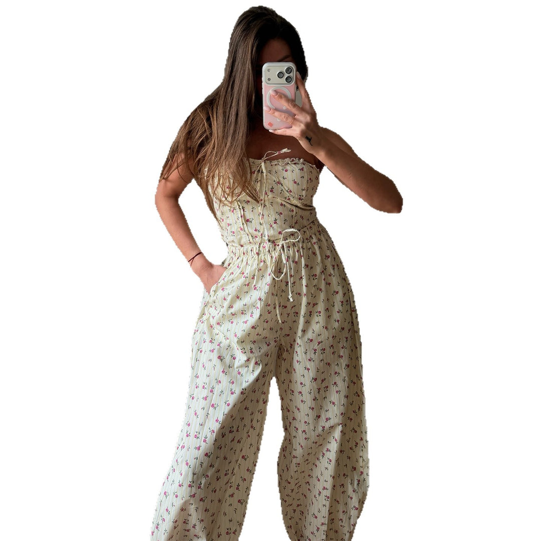 Dame jumpsuit med lekent blomstermønster og elastisk midje snor Skjora