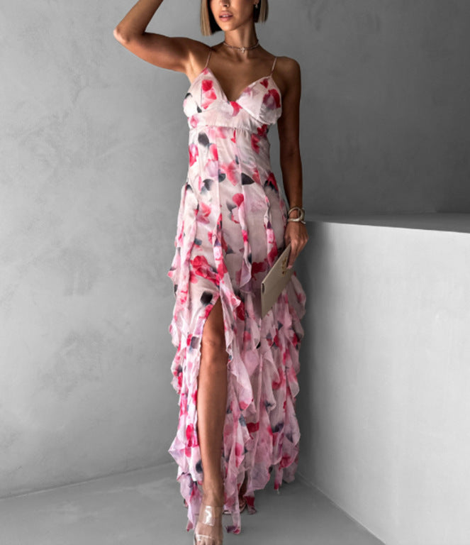 Dames Flytende Chiffon Maxi Kjole med Volangdetaljer og Blomsterakenter Skjora
