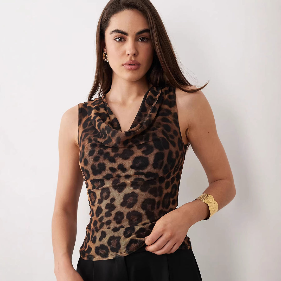 Dame Cowl-Neck Topp med leopardmønster Skjora