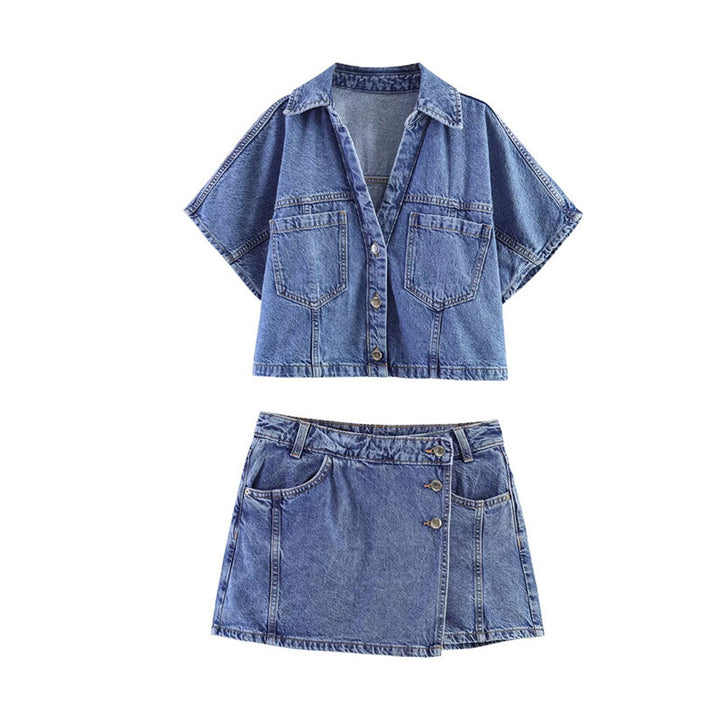 Damer denim-miniskjørt i asymmetrisk snitt med dekorative knapper Skjora