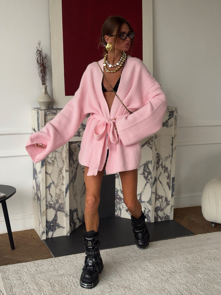 Kvinnes chunky strikket cardigan med justerbart belte og avslappet snitt Skjora