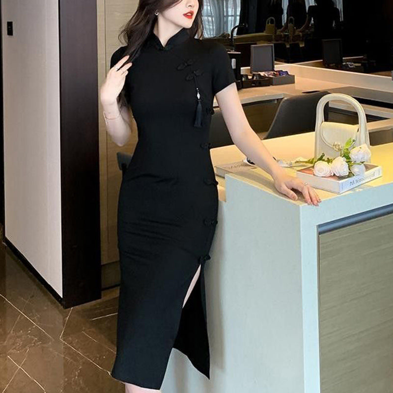Damer elegant bodycon kjole med høy splitt og korte ermer Skjora