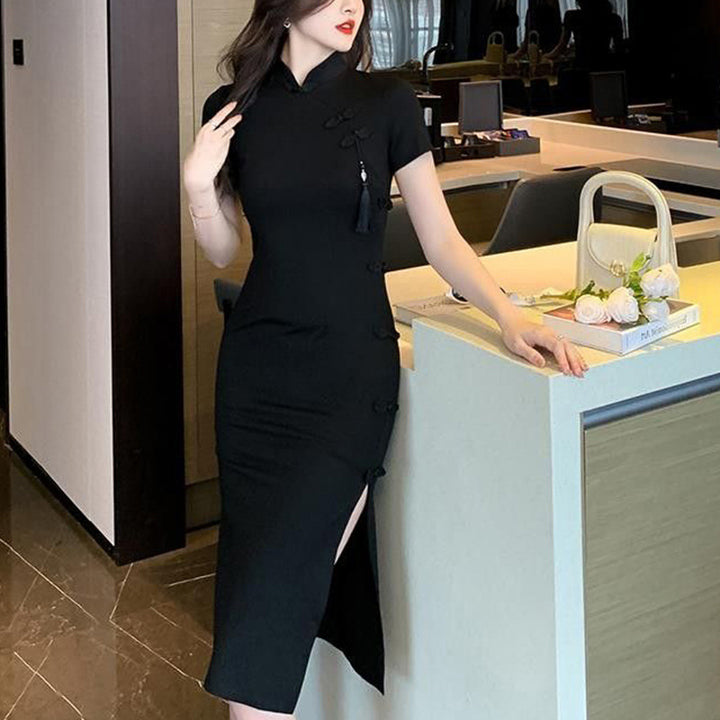 Damer elegant bodycon kjole med høy splitt og korte ermer Skjora