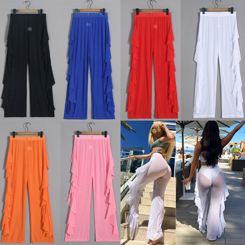 Damen transparente Strandhose mit asymmetrischem Rüschenbesatz Skjora