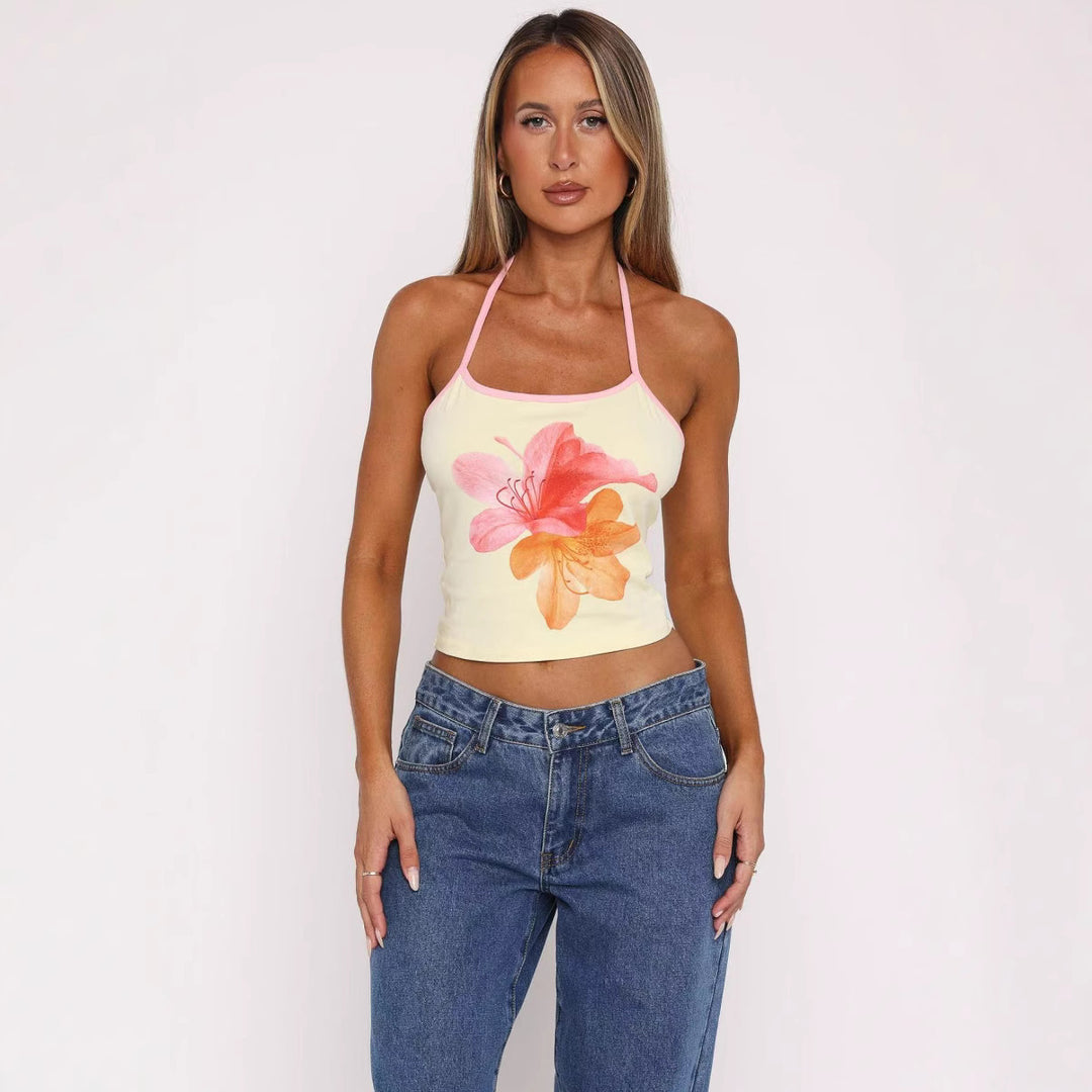 Dame Crop-Top med blomstertrykk og justerbare stropper Skjora