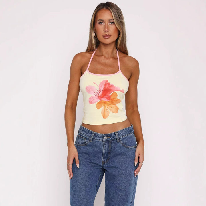 Dame Crop-Top med blomstertrykk og justerbare stropper Skjora