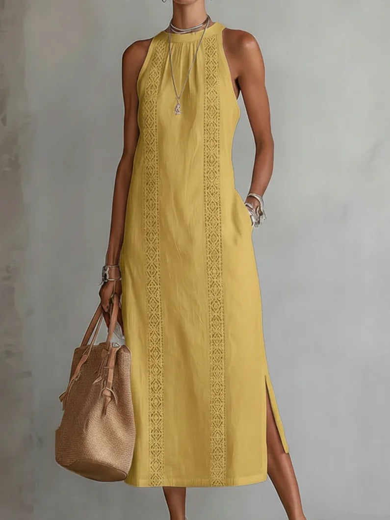 Damer Elegant Sommer-Maxi-Kjole med Spissapplikasjon og sideløft Skjora