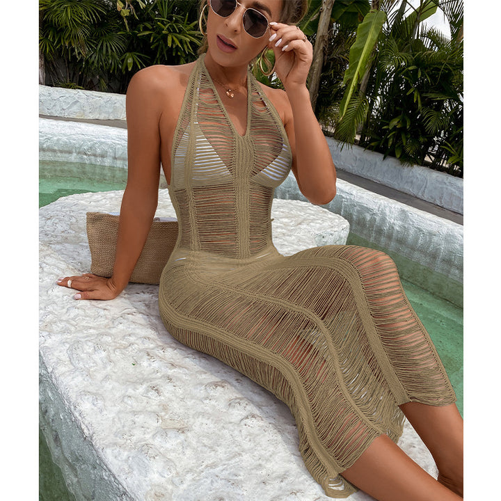 Damen Häkel-Strandkleid mit fransigen Elementen und hoher Taille Skjora