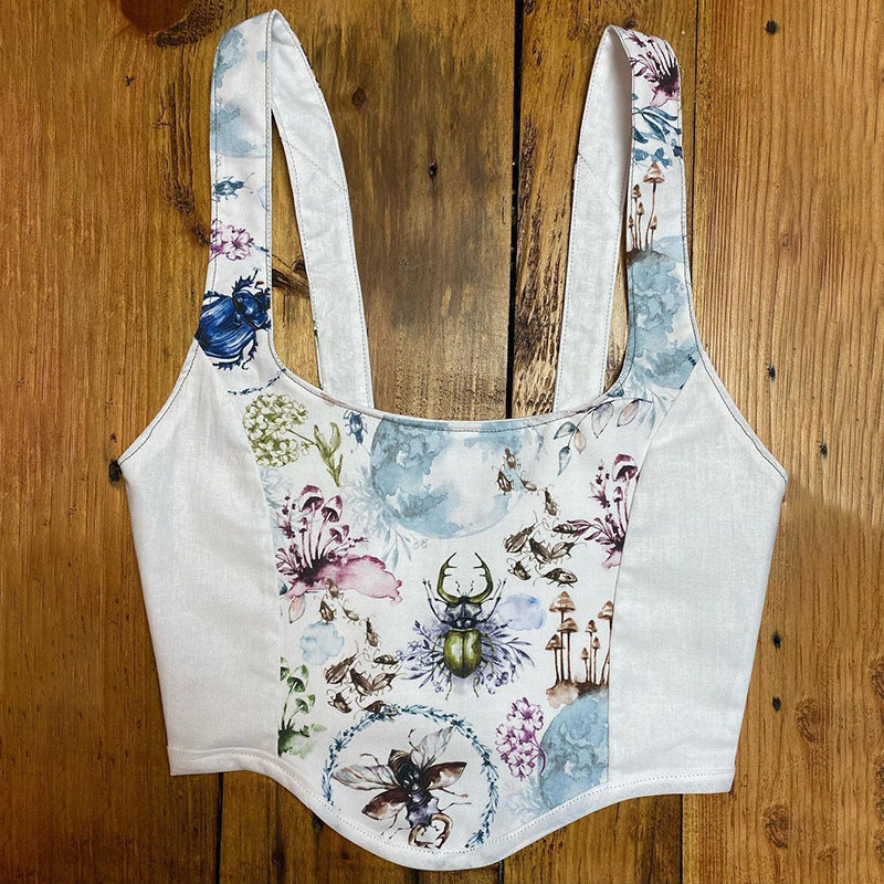 Damer Crop Top med kunstnerisk flora-design og justerbare stropper Skjora
