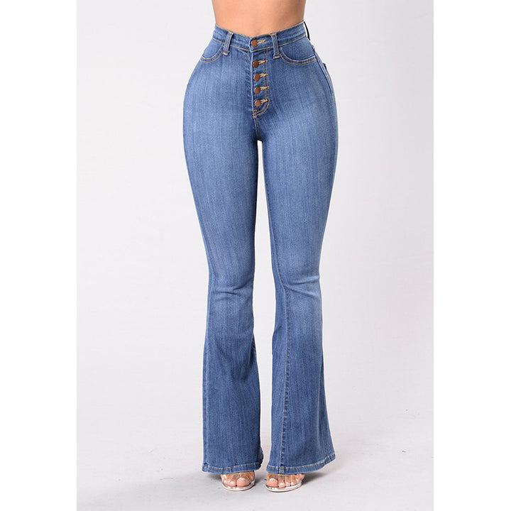 Dame Høytliv Flared Jeans med dekorative knappedetaljer og elastisk midjebånd Skjora