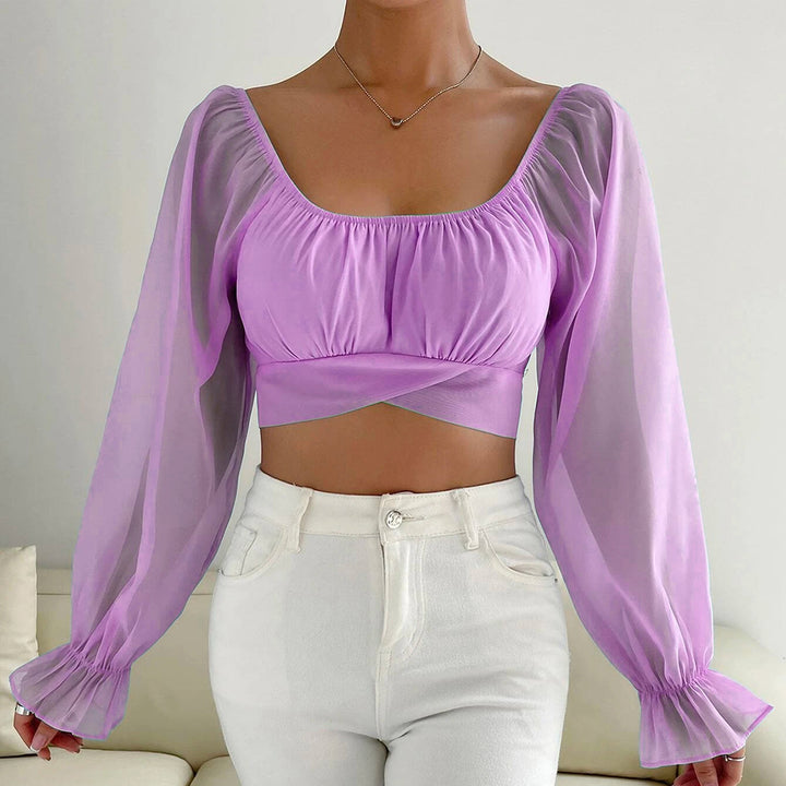 Dame Cropped Bluse med puffede ermer og raffinerte snitt Skjora