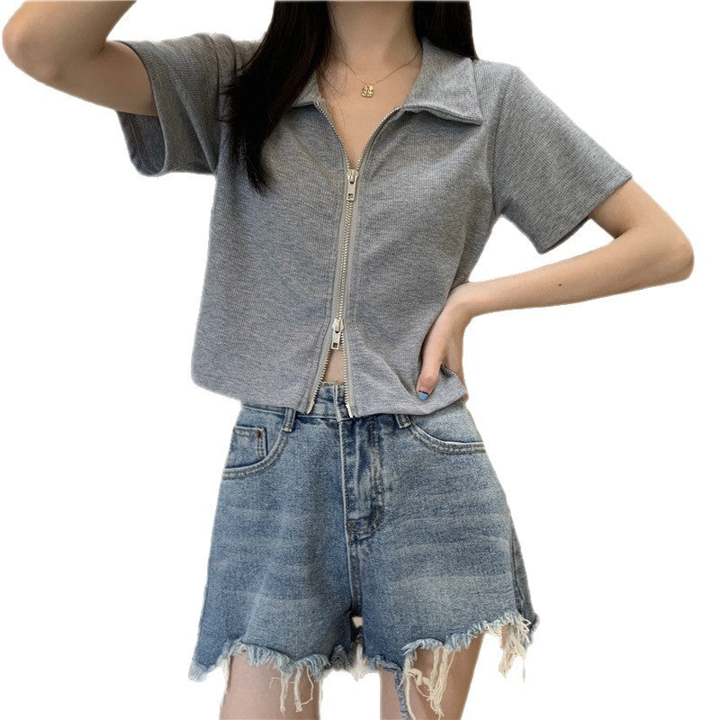 Kvinner Cropped Polo Shirt med Glidelås og Strukturert Finish Skjora