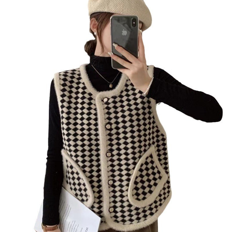 Damer trendy strikket vest med grafisk mønster Skjora