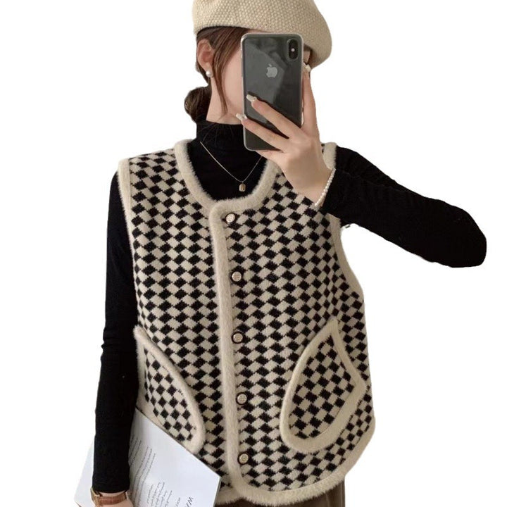 Damer trendy strikket vest med grafisk mønster Skjora