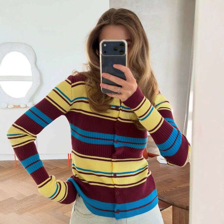 Dame ribbestrikket cardigan med brede striper og krage Skjora
