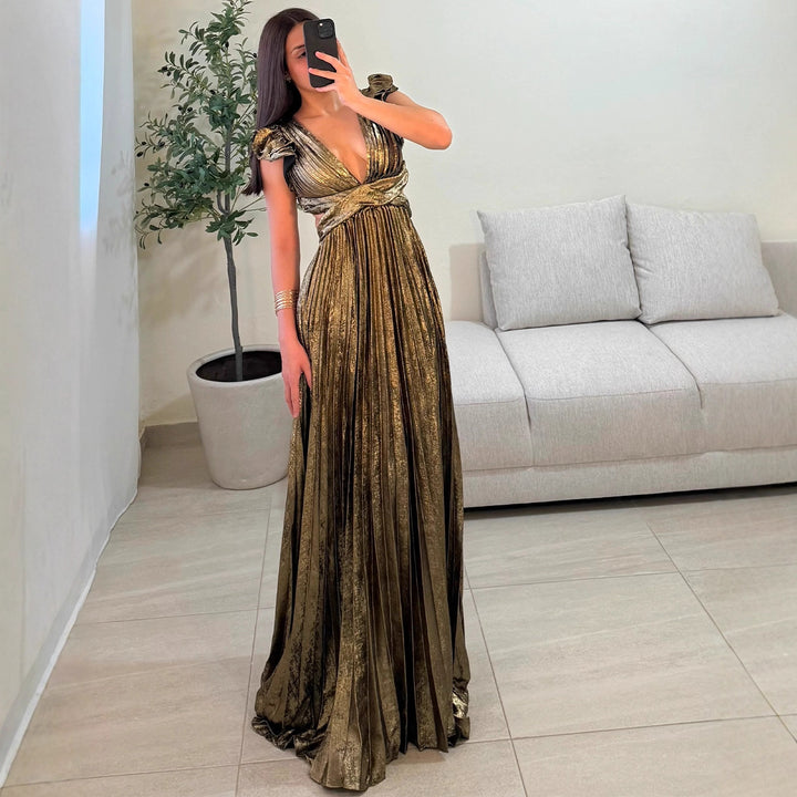 Damer Glamorous Plisserte Maxi Kjole med Dyp V-Hals og Puffermarmer Skjora