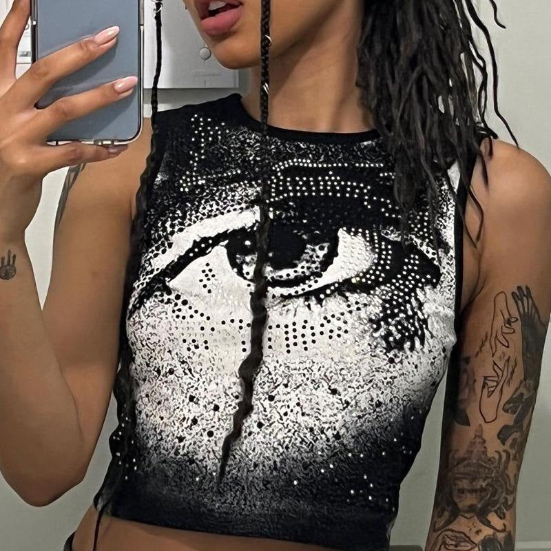 Dame Cropped Tanktop med strålende øyemotiv og glitrende aksenter Skjora