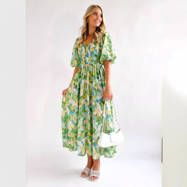 Kvinnenes Off-Shoulder Maxi Kjole med Blomster Mønster og Elastisk Midje Skjora
