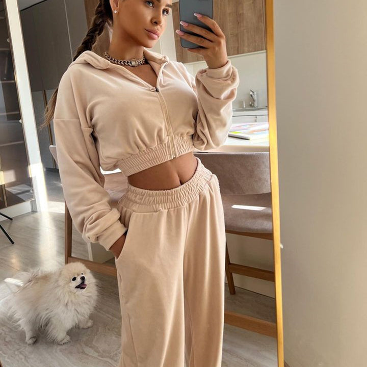 Kvinnens sporty fleece loungewear-set med høyt liv og glidelås Skjora