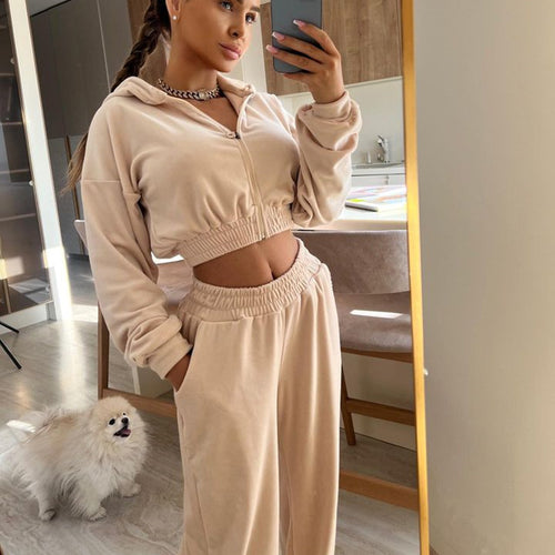 Kvinnens sporty fleece loungewear-set med høyt liv og glidelås Skjora