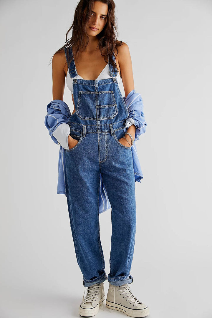 Damer avslappet denim jumpsuit med praktiske lommer og justerbar midje Skjora