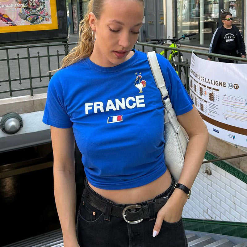 Dame trendy crop T-skjorte med fransk nasjonalmotiv Skjora