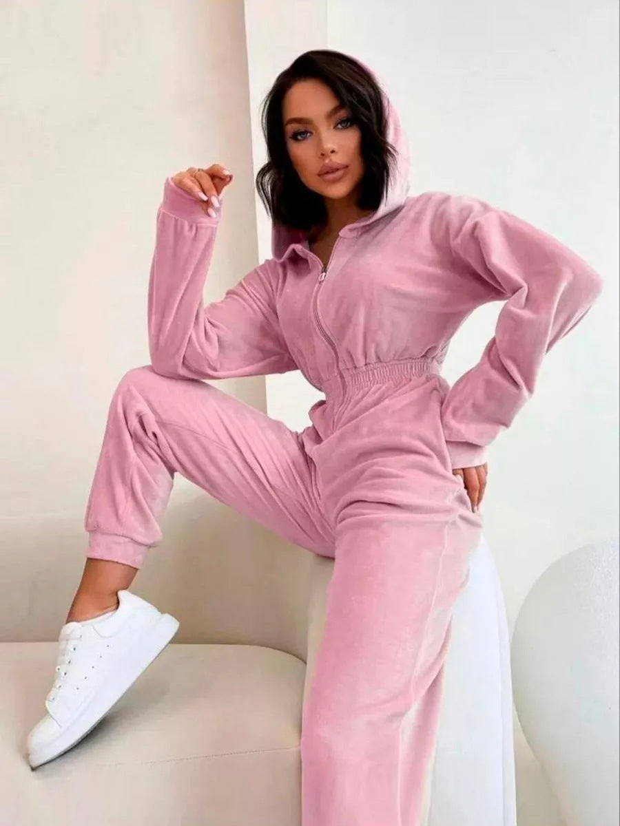Damer sporty fleece jumpsuit med hette og elastisk midje Skjora
