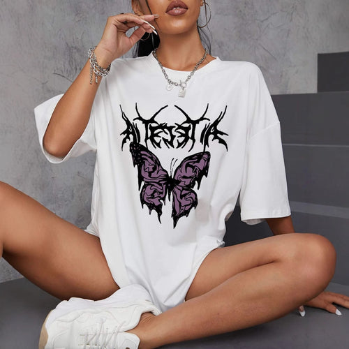 Dame oversized T-skjorte med kreativ sommerfugl-design Skjora