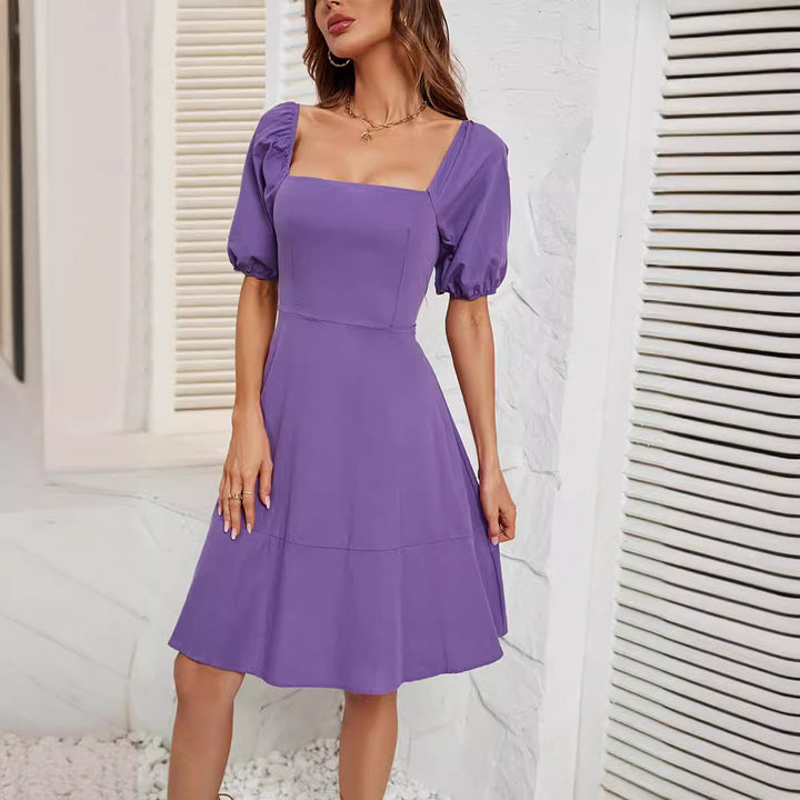 Damer Elegant Off-Shoulder Kjole med Voluminøse Puff Ermer og Asymmetrisk Snitt