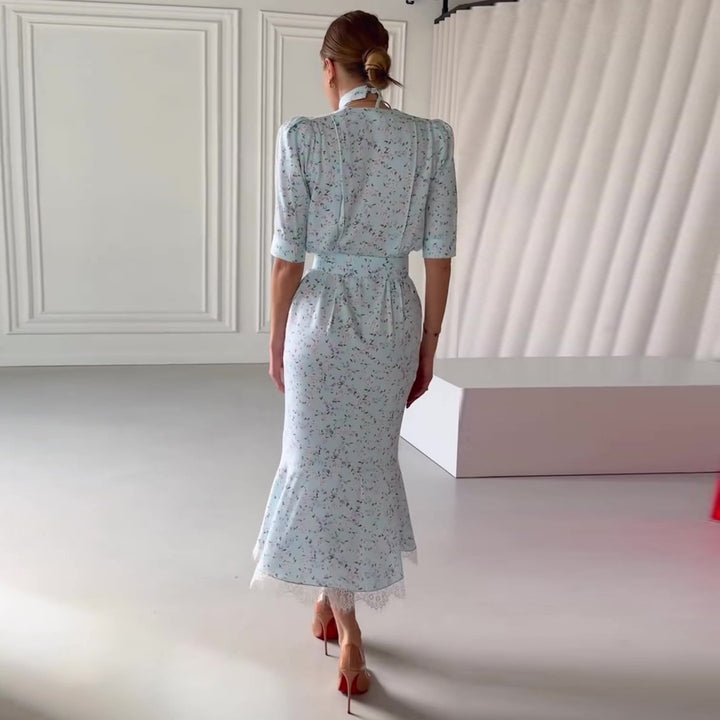 Dame Elegant Midi Kjole med Skinner Chiffon og Dyp V-Hals