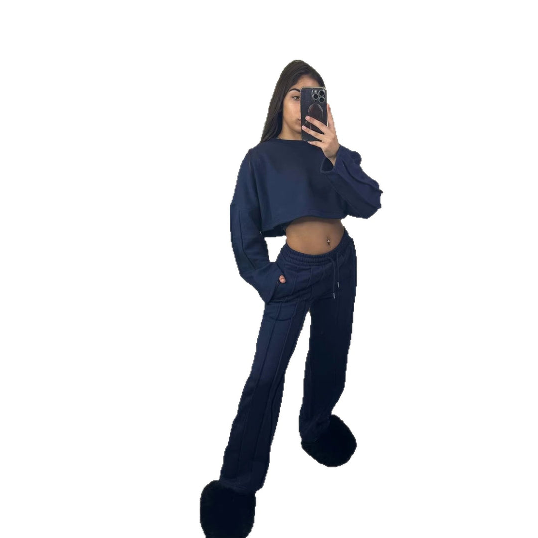 Dame Casual Crop Hoodie og Vid Joggebukse Sett Skjora
