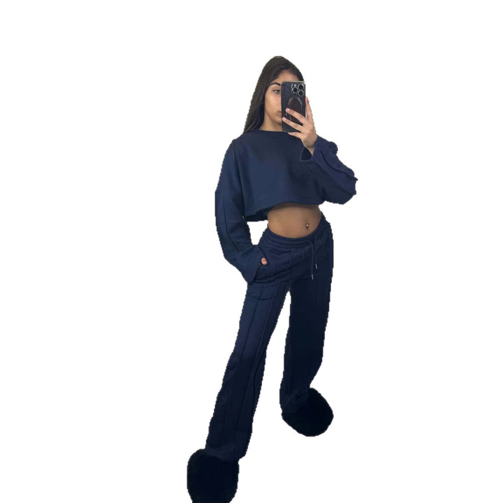 Dame Casual Crop Hoodie og Vid Joggebukse Sett Skjora