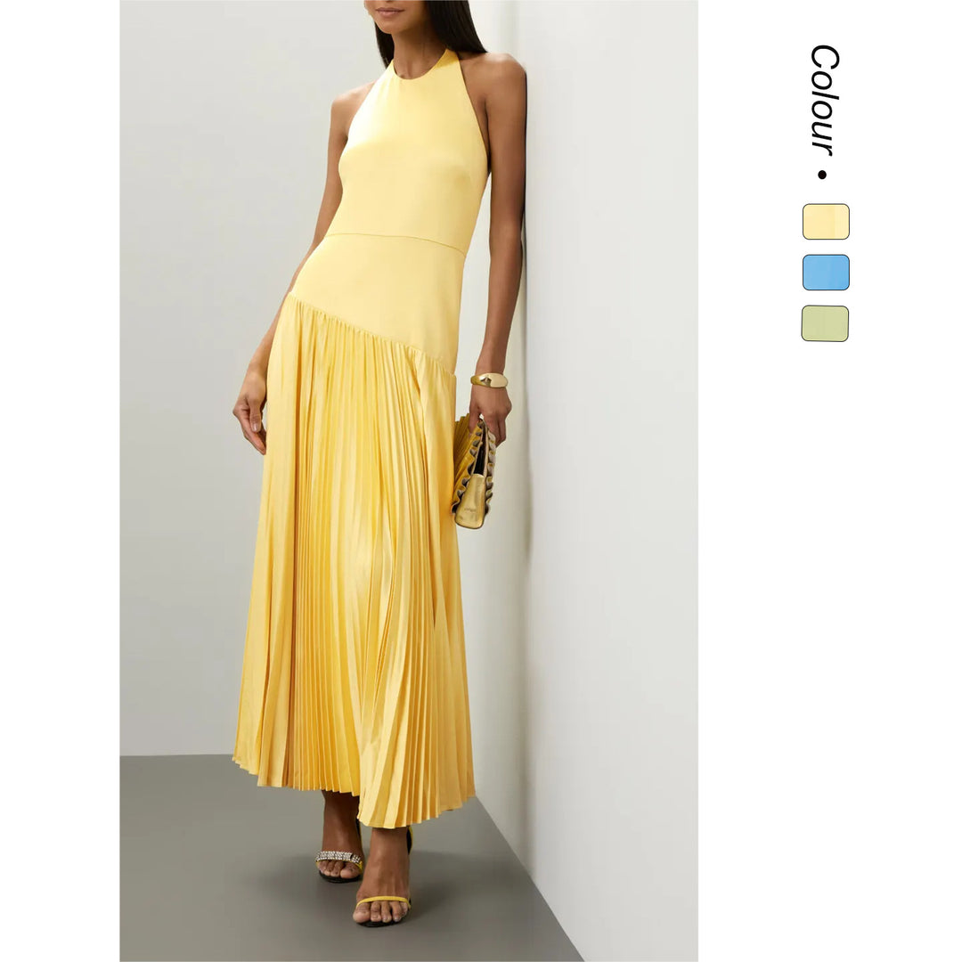 Dames Elegant Maxi Kjole med Flytende Plisserte Skjørt og Halter Hals Design