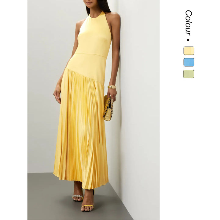 Dames Elegant Maxi Kjole med Flytende Plisserte Skjørt og Halter Hals Design