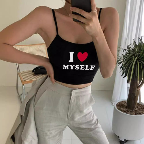 Dame Crop-Top med motiverende statementtrykk og tynne spaghetti-stropper Skjora