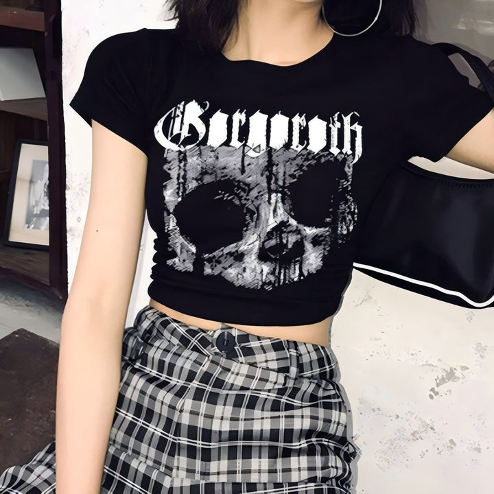 Dame Crop-T-skjorte med unikt hodeskalle-design Skjora