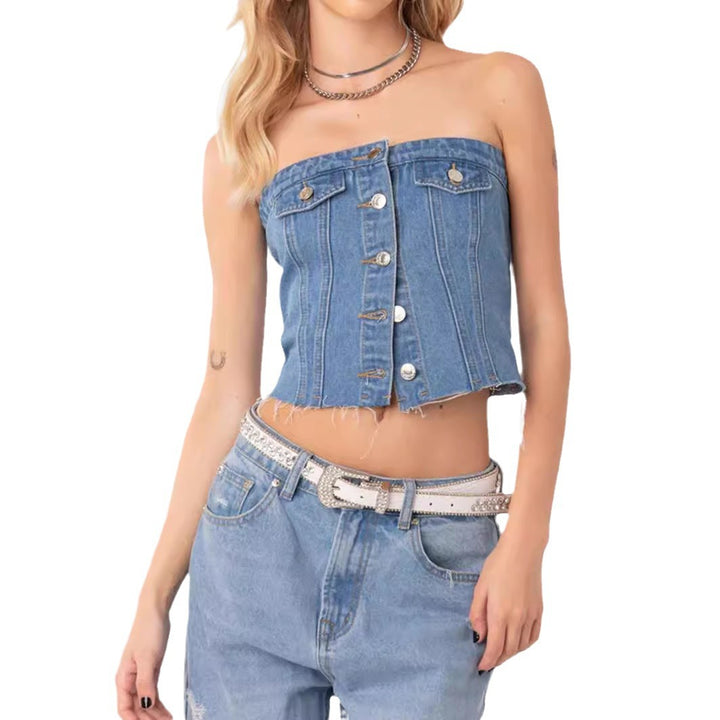 Dame Denim Crop Top med strikket overtrukket Skjora