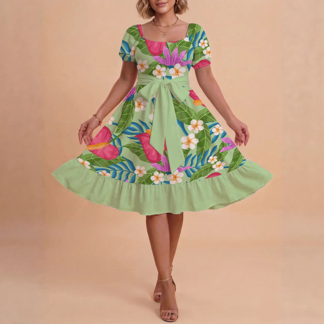 Damen Sommerkleid mit floralem Puffärmel und taillierbarem Gürtel Skjora