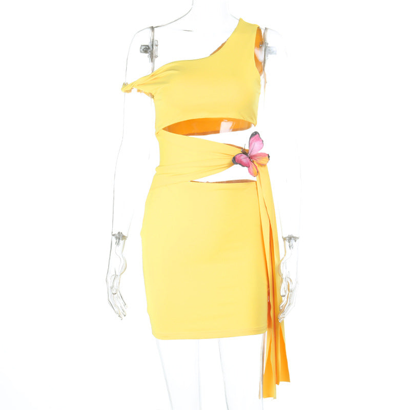 Damer asymmetrisk mini-kjole med blomsterapplikasjon og cut-out Skjora