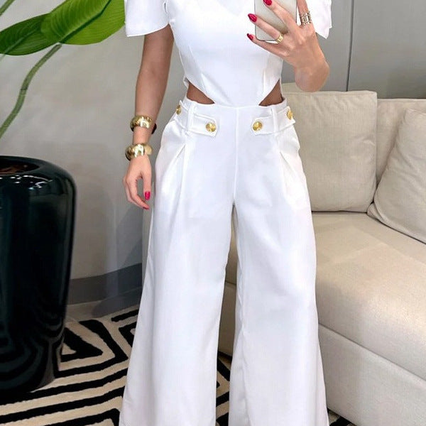 Dame Elegant jumpsuit med snittdetaljer og myke flytende bukseben Skjora
