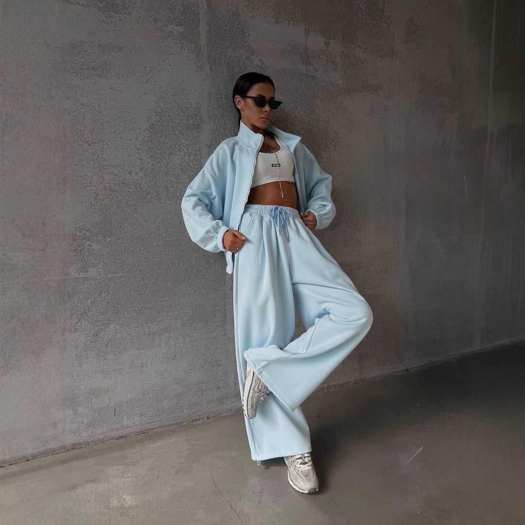 Damesoufit med oversized jakke og komfortable joggebukser