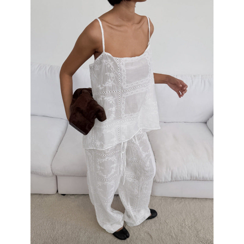 Dame luftig lounge-set med romantiske broderier Skjora